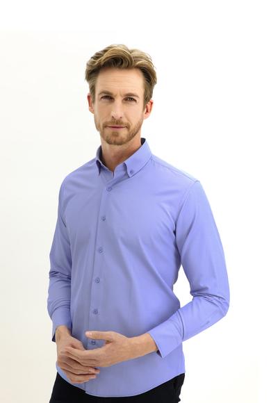 Erkek Giyim - GÖK MAVİSİ S Beden Uzun Kol Regular Fit Çizgili Gömlek