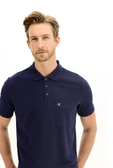 Erkek Giyim - ORTA LACİVERT 3X Beden Polo Yaka Regular Fit Nakışlı Tişört