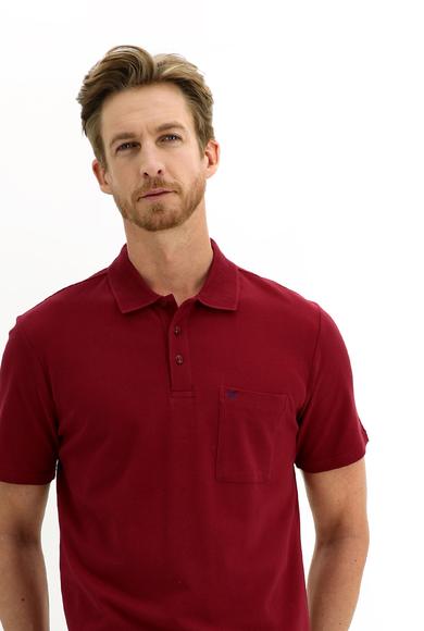 Erkek Giyim - KOYU KIRMIZI S Beden Polo Yaka Regular Fit Nakışlı Tişört