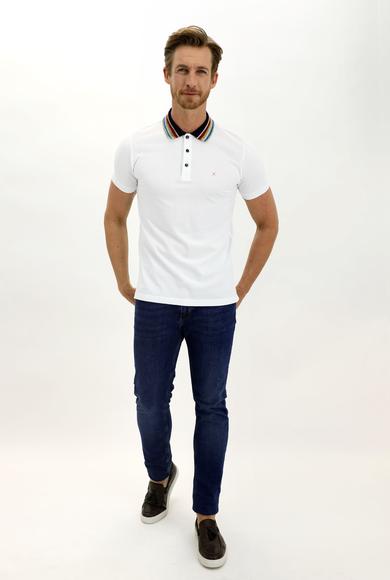 Erkek Giyim - BEYAZ L Beden Polo Yaka Slim Fit Desenli Tişört