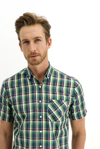 Erkek Giyim - ÇİMEN YEŞİLİ 3X Beden Kısa Kol Regular Fit Ekose Gömlek
