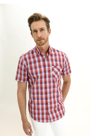 Erkek Giyim - AÇIK KIRMIZI XL Beden Kısa Kol Regular Fit Ekose Gömlek