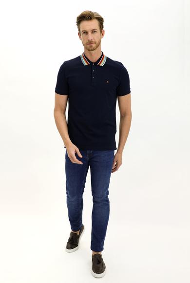 Erkek Giyim - KOYU LACİVERT XL Beden Polo Yaka Slim Fit Desenli Tişört