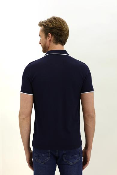 Erkek Giyim - ORTA LACİVERT L Beden Polo Yaka Slim Fit Baskılı Tişört