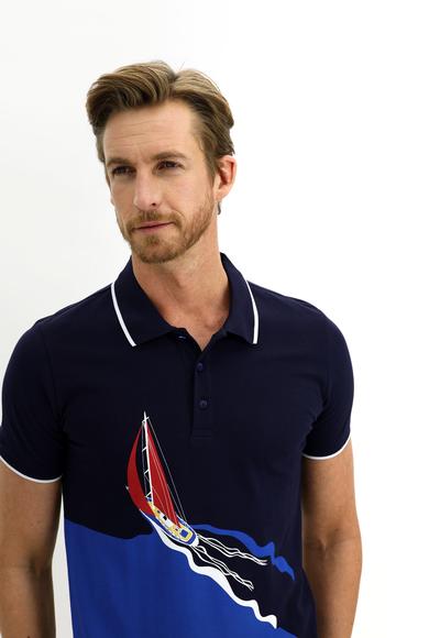 Erkek Giyim - ORTA LACİVERT L Beden Polo Yaka Slim Fit Baskılı Tişört