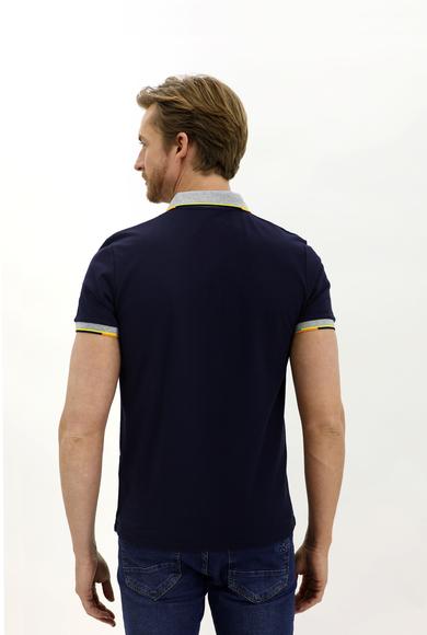 Erkek Giyim - ORTA LACİVERT L Beden Polo Yaka Slim Fit Desenli Tişört
