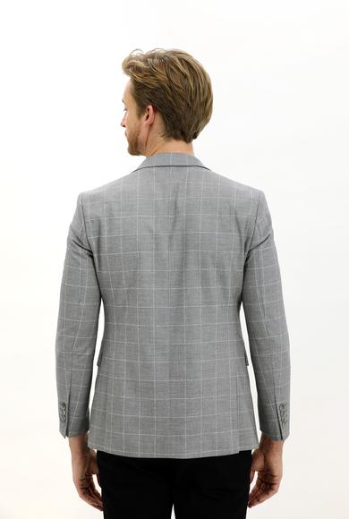 Erkek Giyim - AÇIK GRİ 44 Beden Slim Fit Kareli Ceket