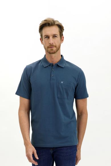 Erkek Giyim - KOYU İNDİGO S Beden Polo Yaka Regular Fit Nakışlı Tişört
