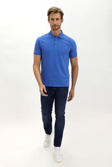 Erkek Giyim - KOBALT MAVİ S Beden Polo Yaka Slim Fit Nakışlı Tişört