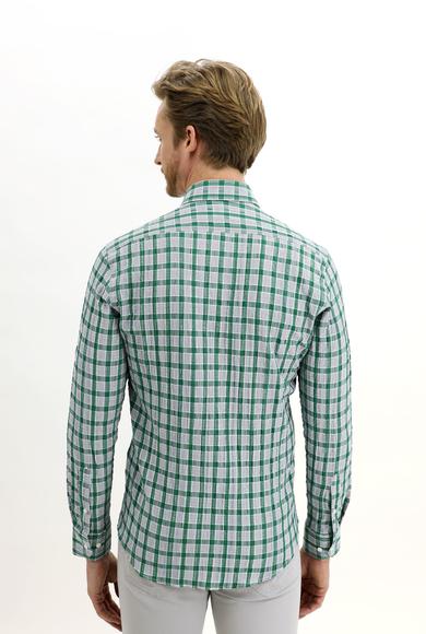 Erkek Giyim - ÇİMEN YEŞİLİ M Beden Uzun Kol Slim Fit Ekose Gömlek