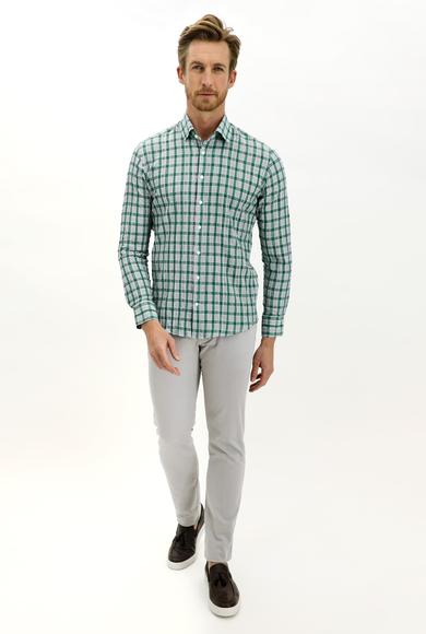 Erkek Giyim - ÇİMEN YEŞİLİ S Beden Uzun Kol Slim Fit Ekose Gömlek