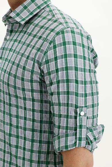 Erkek Giyim - ÇİMEN YEŞİLİ S Beden Uzun Kol Slim Fit Ekose Gömlek
