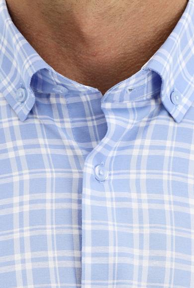 Erkek Giyim - GÖK MAVİSİ M Beden Uzun Kol Regular Fit Ekose Spor Gömlek
