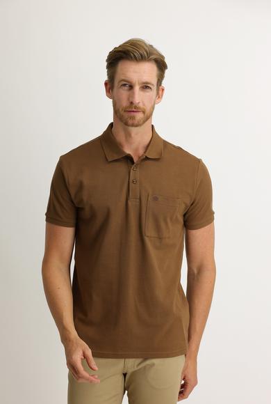 Erkek Giyim - ORTA KAHVE L Beden Polo Yaka Regular Fit Nakışlı Tişört