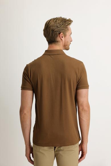 Erkek Giyim - ORTA KAHVE L Beden Polo Yaka Regular Fit Nakışlı Tişört
