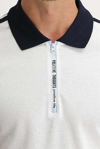 Erkek Giyim - BEYAZ XL Beden Polo Yaka Slim Fit Desenli Tişört