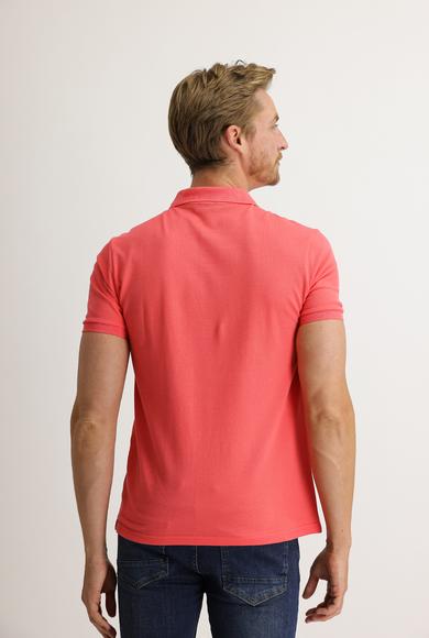Erkek Giyim - MERCAN KIRMIZI S Beden Polo Yaka Slim Fit Nakışlı Tişört