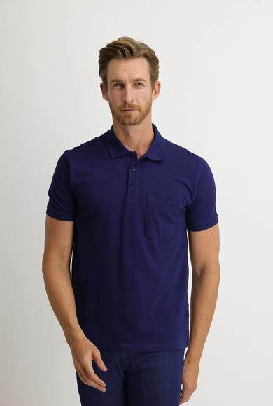 Erkek Giyim - SAKS MAVİ L Beden Polo Yaka Regular Fit Nakışlı Tişört