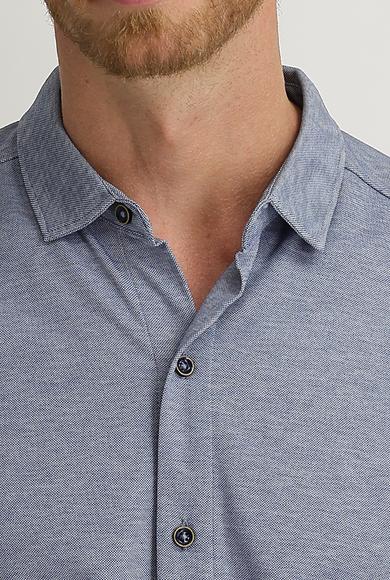 Erkek Giyim - ORTA LACİVERT L Beden Yarım İtalyan Yaka Slim Fit Gömlek Tişört