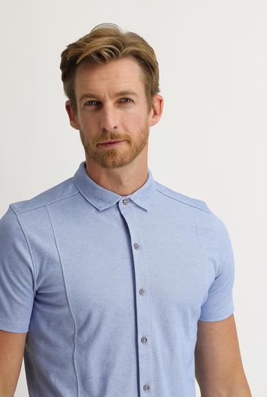 Erkek Giyim - MAVİ XXL Beden Yarım İtalyan Yaka Slim Fit Gömlek Tişört