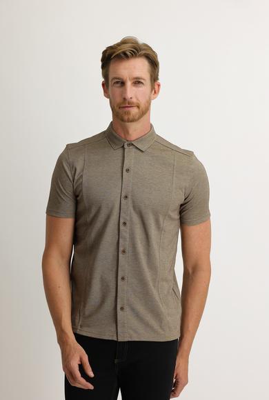 Erkek Giyim - ORTA KAHVE XL Beden Yarım İtalyan Yaka Slim Fit Gömlek Tişört