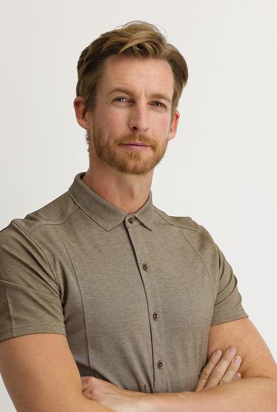 Erkek Giyim - ORTA KAHVE XL Beden Yarım İtalyan Yaka Slim Fit Gömlek Tişört