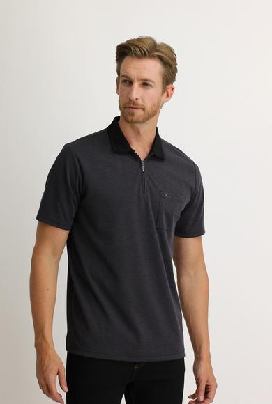 Erkek Giyim - SİYAH XL Beden Polo Yaka Regular Fit Fermuarlı Tişört