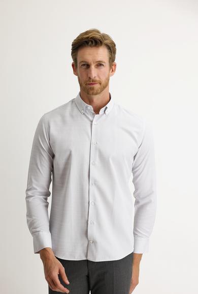 Erkek Giyim - AÇIK GRİ L Beden Uzun Kol Slim Fit Desenli Gömlek