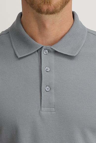 Erkek Giyim - ORTA GRİ XXL Beden Polo Yaka Slim Fit Nakışlı Tişört
