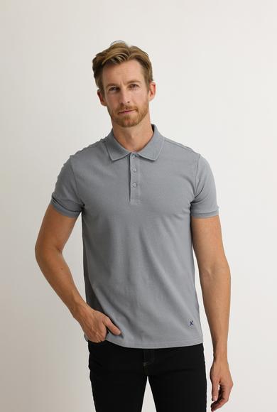 Erkek Giyim - ORTA GRİ XXL Beden Polo Yaka Slim Fit Nakışlı Tişört