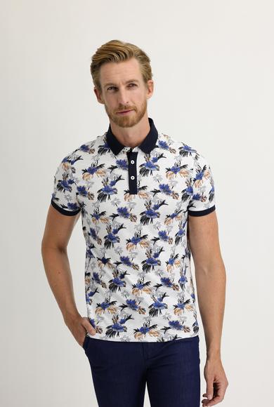 Erkek Giyim - BEYAZ M Beden Polo Yaka Süper Slim Fit Baskılı Tişört