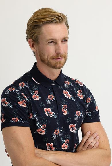 Erkek Giyim - ORTA LACİVERT L Beden Polo Yaka Süper Slim Fit Baskılı Tişört