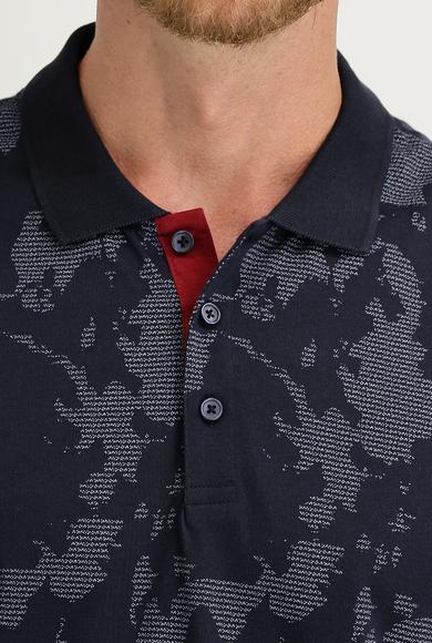 Erkek Giyim - ORTA LACİVERT XL Beden Polo Yaka Regular Fit Baskılı Tişört