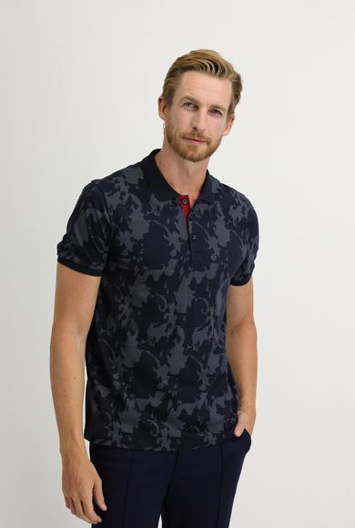 Erkek Giyim - ORTA LACİVERT XL Beden Polo Yaka Regular Fit Baskılı Tişört
