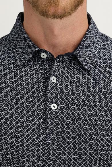 Erkek Giyim - ORTA LACİVERT XL Beden Polo Yaka Süper Slim Fit Baskılı Tişört