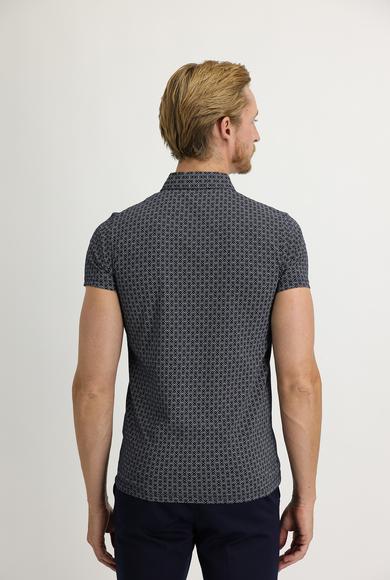 Erkek Giyim - ORTA LACİVERT XL Beden Polo Yaka Süper Slim Fit Baskılı Tişört