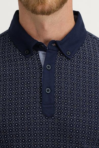 Erkek Giyim - ORTA LACİVERT M Beden Polo Yaka Süper Slim Fit Baskılı Tişört