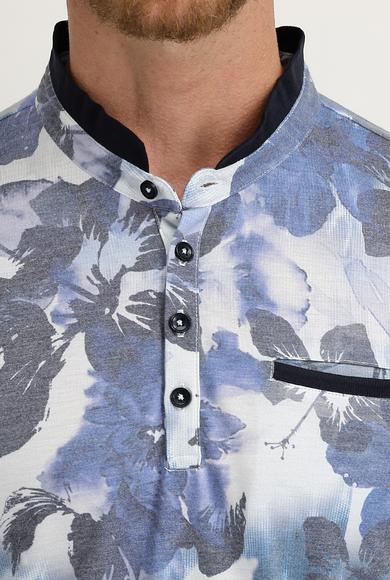 Erkek Giyim - MAVİ S Beden Düğmeli Yaka Slim Fit Baskılı Tişört