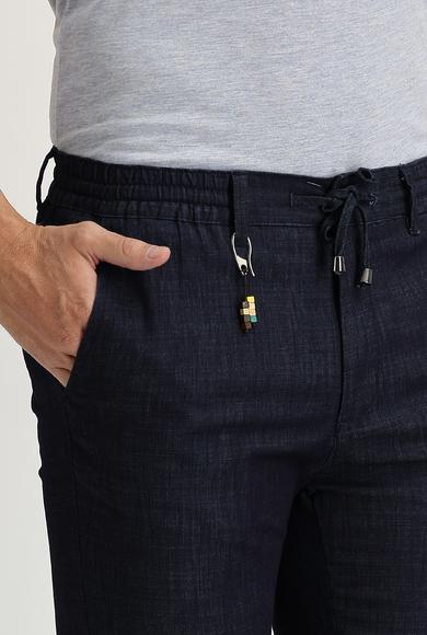 Erkek Giyim - ORTA LACİVERT 50 Beden Slim Fit Beli Lastikli İpli Spor Pantolon