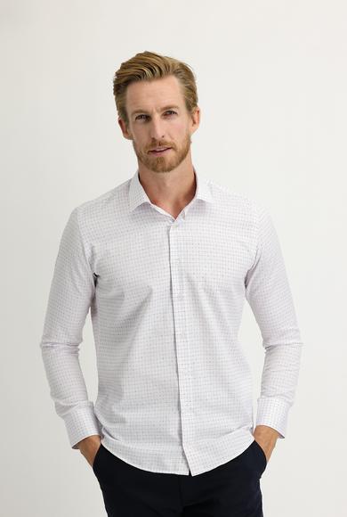 Erkek Giyim - BEYAZ S Beden Uzun Kol Slim Fit Desenli Gömlek