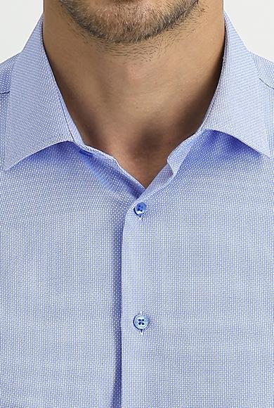Erkek Giyim - KOYU MAVİ XS Beden Uzun Kol Slim Fit Desenli Gömlek