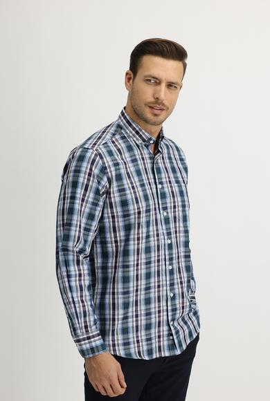 Erkek Giyim - ÇİMEN YEŞİLİ S Beden Uzun Kol Regular Fit Ekose Gömlek