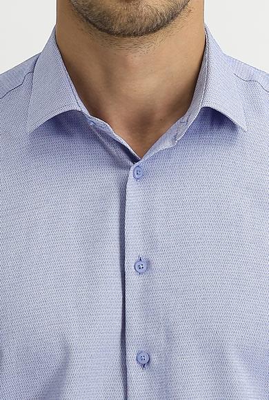 Erkek Giyim - KOYU MAVİ S Beden Uzun Kol Slim Fit Desenli Gömlek