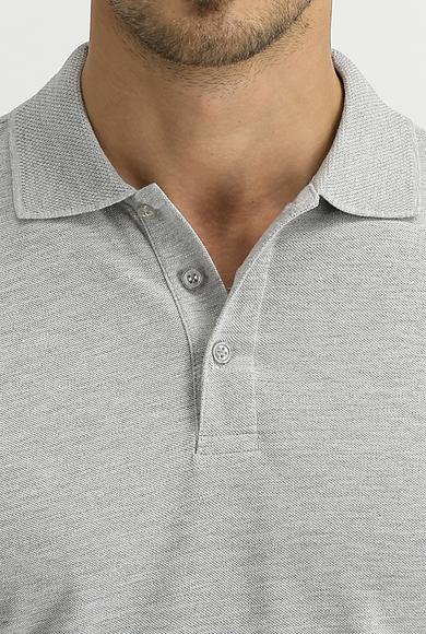 Erkek Giyim - AÇIK GRİ MELANJ XXL Beden Polo Yaka Slim Fit Nakışlı Tişört