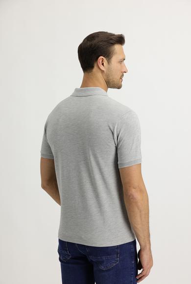 Erkek Giyim - AÇIK GRİ MELANJ XXL Beden Polo Yaka Slim Fit Nakışlı Tişört