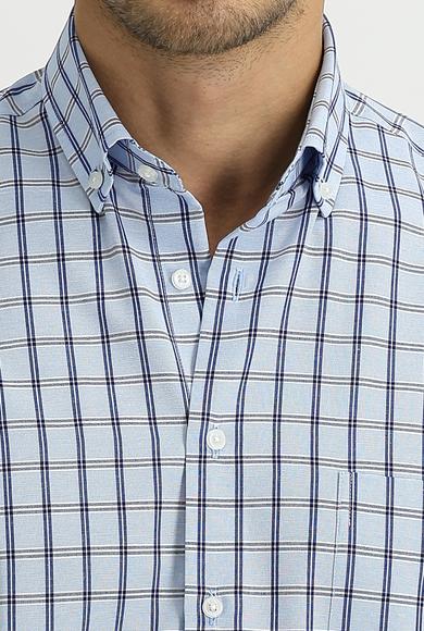 Erkek Giyim - AÇIK MAVİ XL Beden Kısa Kol Regular Fit Ekose Gömlek