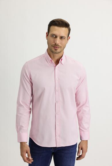 Erkek Giyim - PEMBE XL Beden Uzun Kol Slim Fit Oxford Gömlek