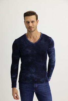 Erkek Giyim - Lacivert XL Beden V Yaka Batik Desenli Sweatshirt