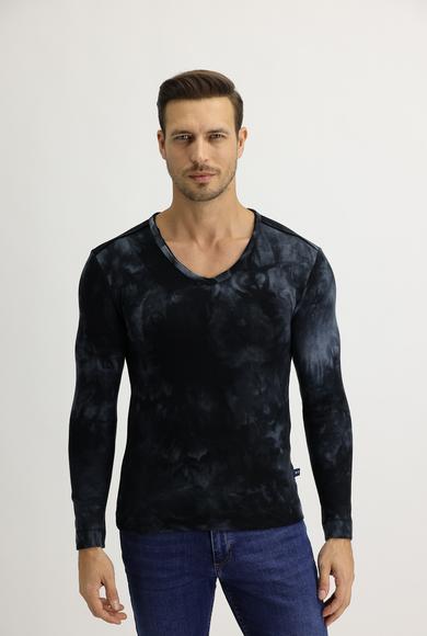 Erkek Giyim - KOYU YESİL M Beden V Yaka Batik Desenli Sweatshirt
