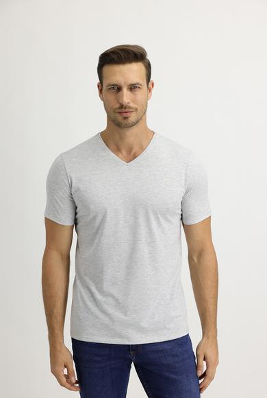 Erkek Giyim - AÇIK GRİ MELANJ XL Beden V Yaka Slim Fit Tişört